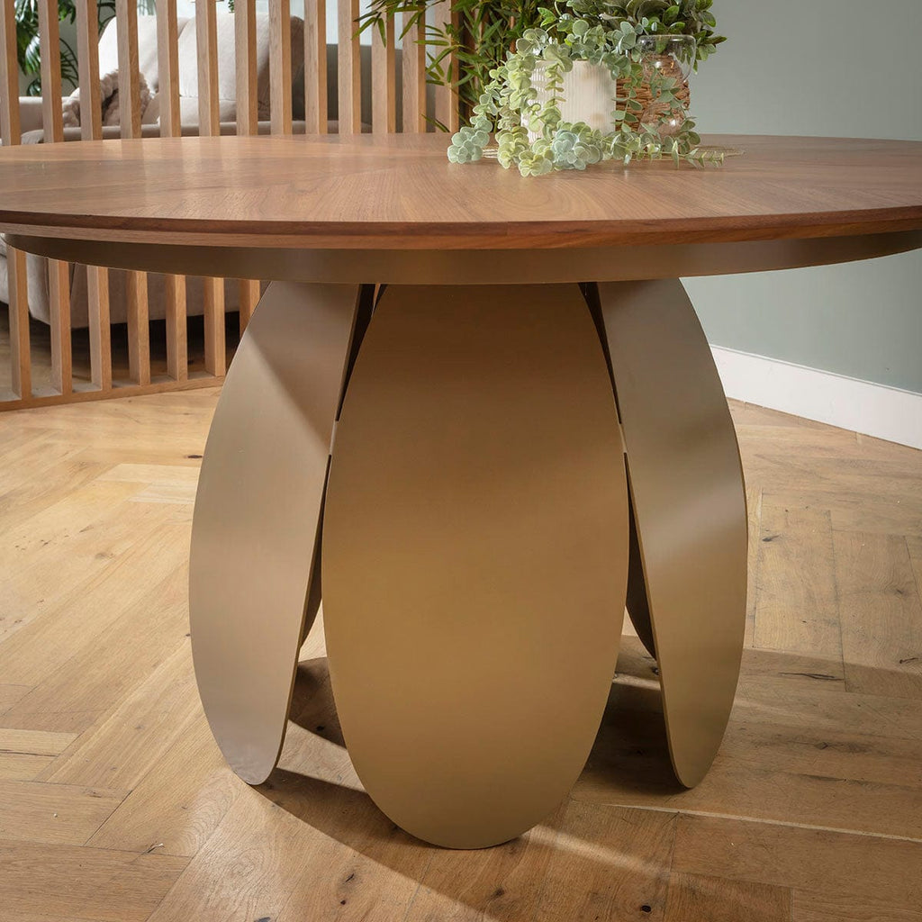 Table de salle à manger ronde Phoenix 6 places en bois, noyer et or, 150 cm