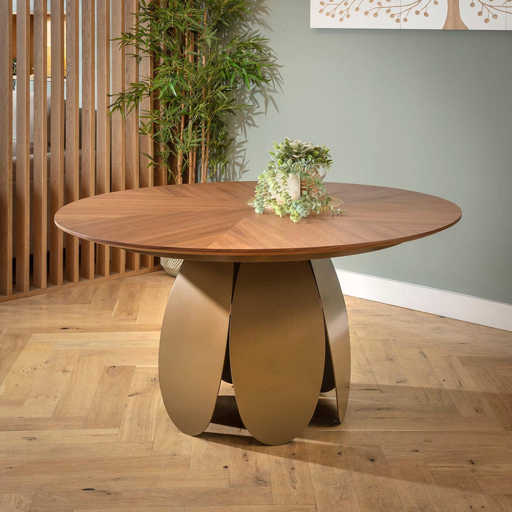 Table de salle à manger ronde Phoenix 6 places en bois, noyer et or, 150 cm