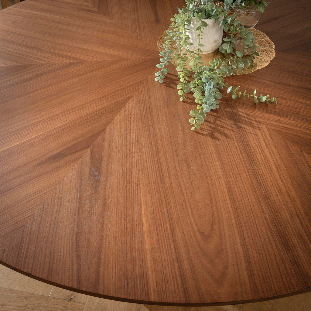 Table de salle à manger ronde Phoenix 6 places en bois, noyer et or, 150 cm