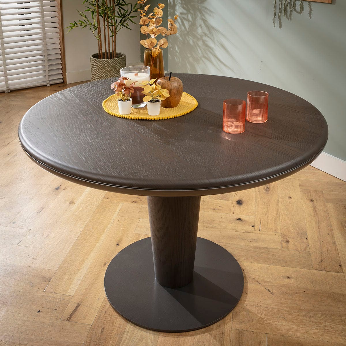 Table de salle à manger ronde moderne Pluto en bois, chêne gris délavé, 115 cm