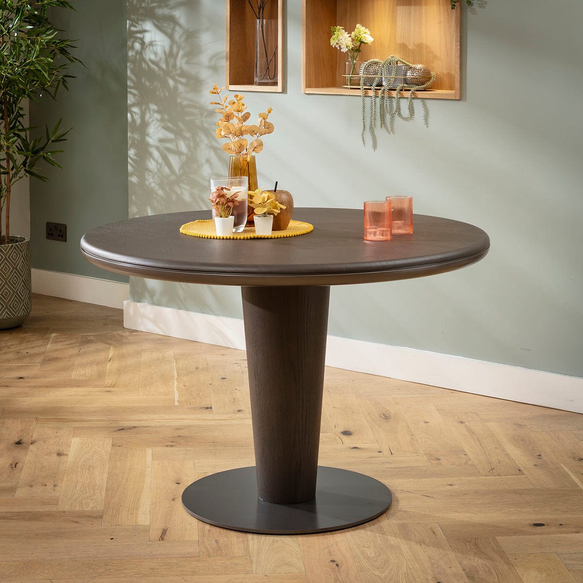 Table de salle à manger ronde moderne Pluto en bois, chêne gris délavé, 115 cm