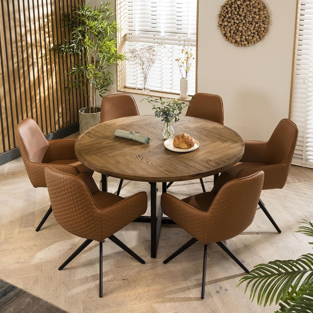 Table de salle à manger ronde en bois massif parquet ExDisplay Gemini 6 places, 140 cm de diamètre