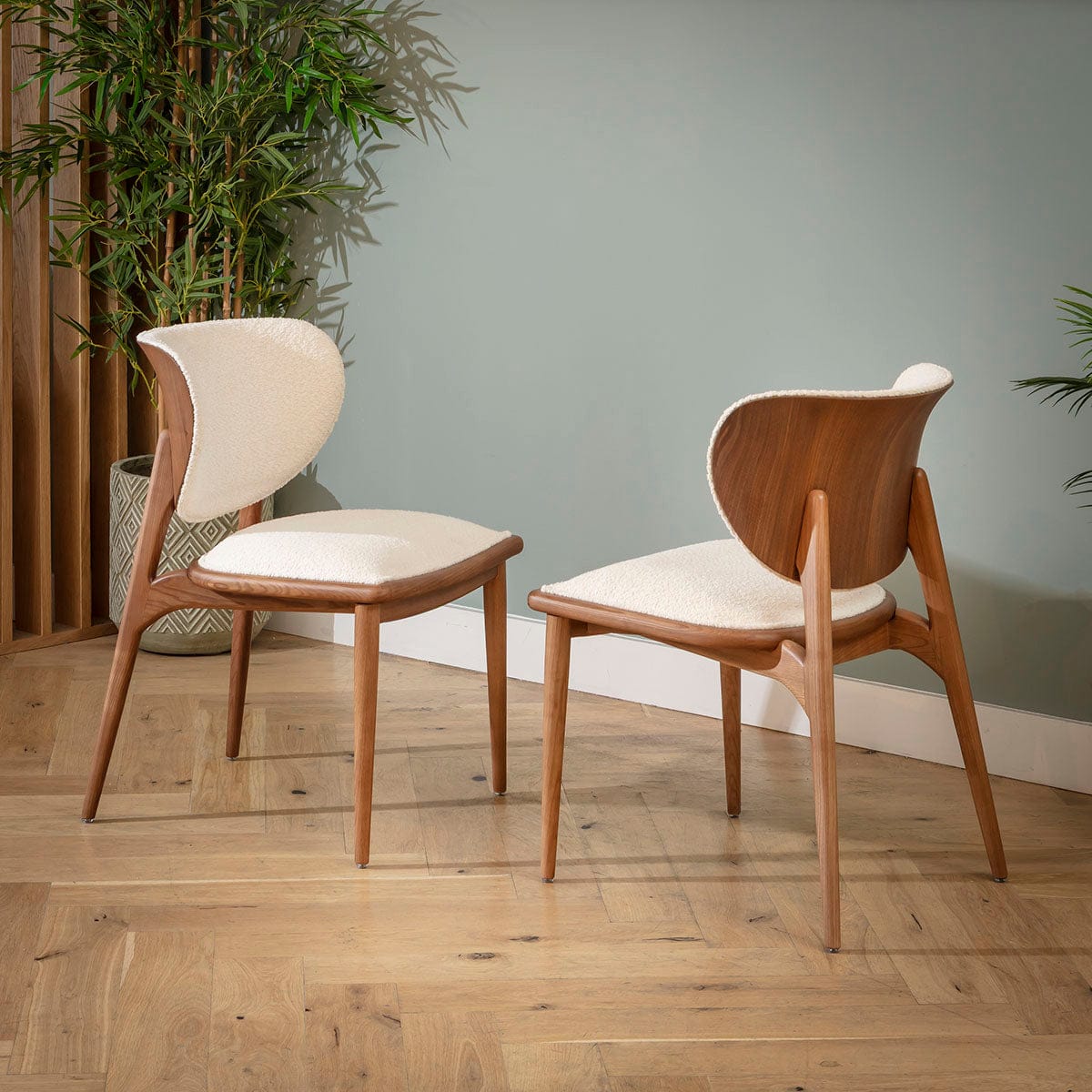 Chaise de salle à manger moderne en bois Phoenix, noyer et crème bouclé