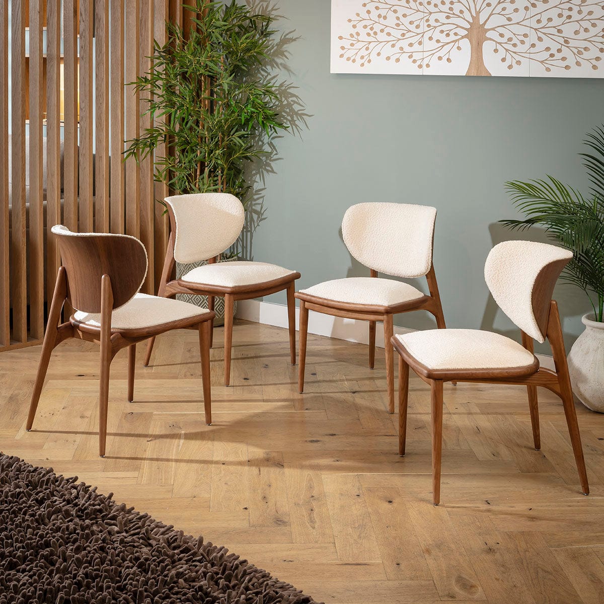Chaise de salle à manger moderne en bois Phoenix, noyer et crème bouclé