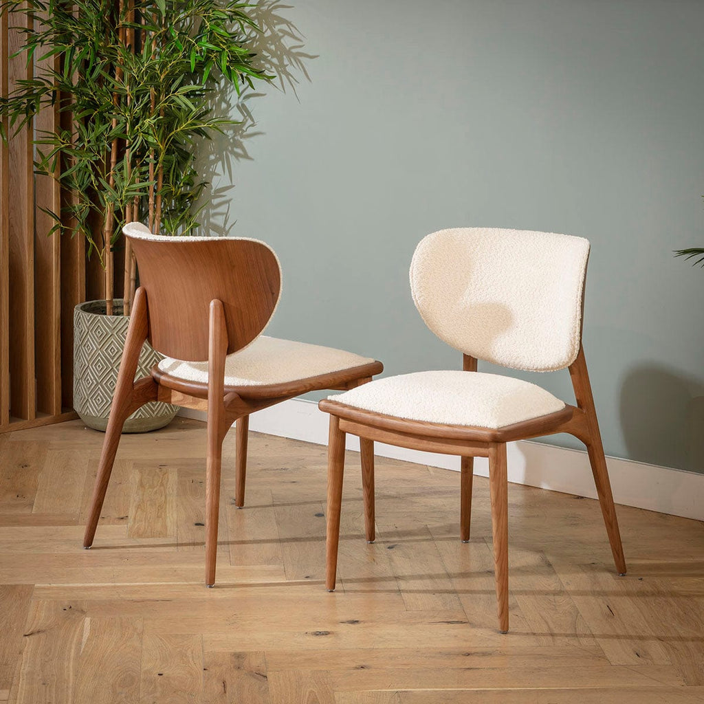Chaise de salle à manger moderne en bois Phoenix, noyer et crème bouclé
