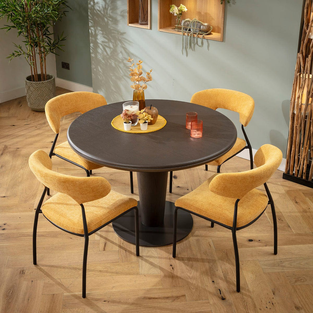 Ensemble de salle à manger rond contemporain 4 places Oscar &amp; Pluto, finition chêne jaune doré et gris délavé