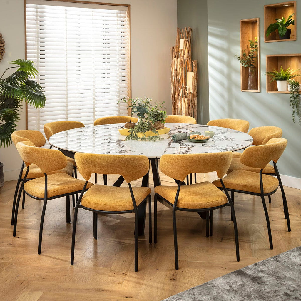 Ensemble de salle à manger rond extensible 10 places Oscar &amp; Rudie, finition or jaune et céramique blanche veinée noire