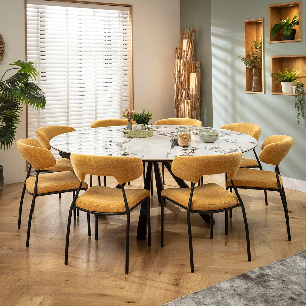 Ensemble de salle à manger rond extensible 8 places Oscar &amp; Rudie, finition or jaune et céramique blanche veinée noire