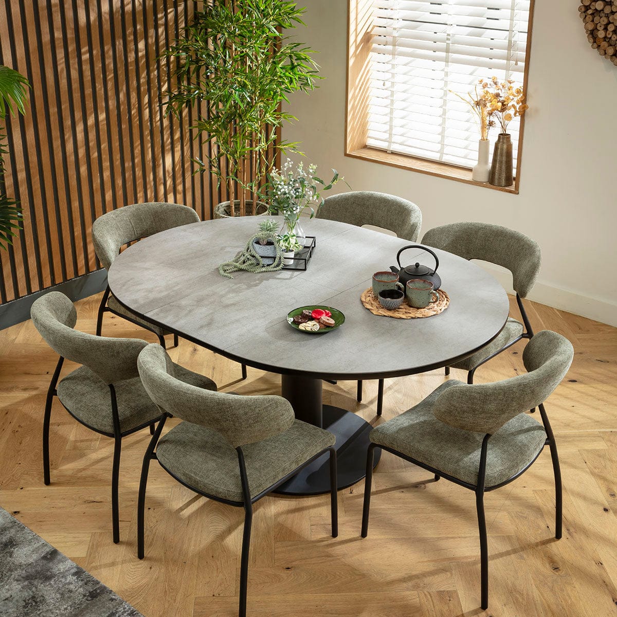 Ensemble de salle à manger rond extensible 6 places Oscar &amp; Venus en céramique verte et grise