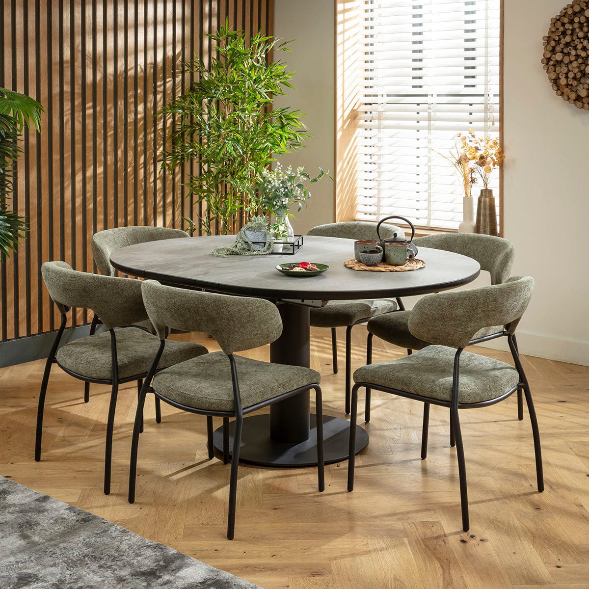 Ensemble de salle à manger rond extensible 6 places Oscar &amp; Venus en céramique verte et grise