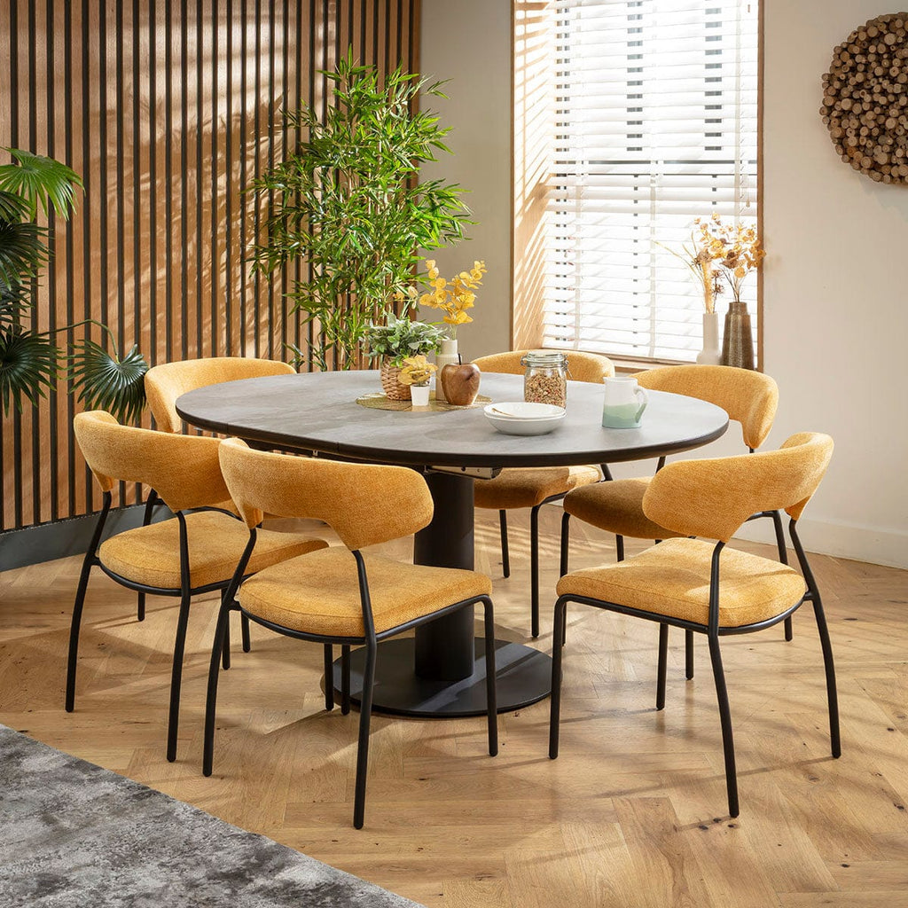 Ensemble de salle à manger rond extensible 6 places Oscar &amp; Venus en céramique jaune doré et grise