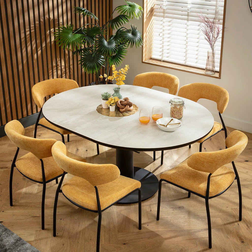 Ensemble de salle à manger rond extensible 6 places Oscar &amp; Venus en céramique jaune doré et gris clair