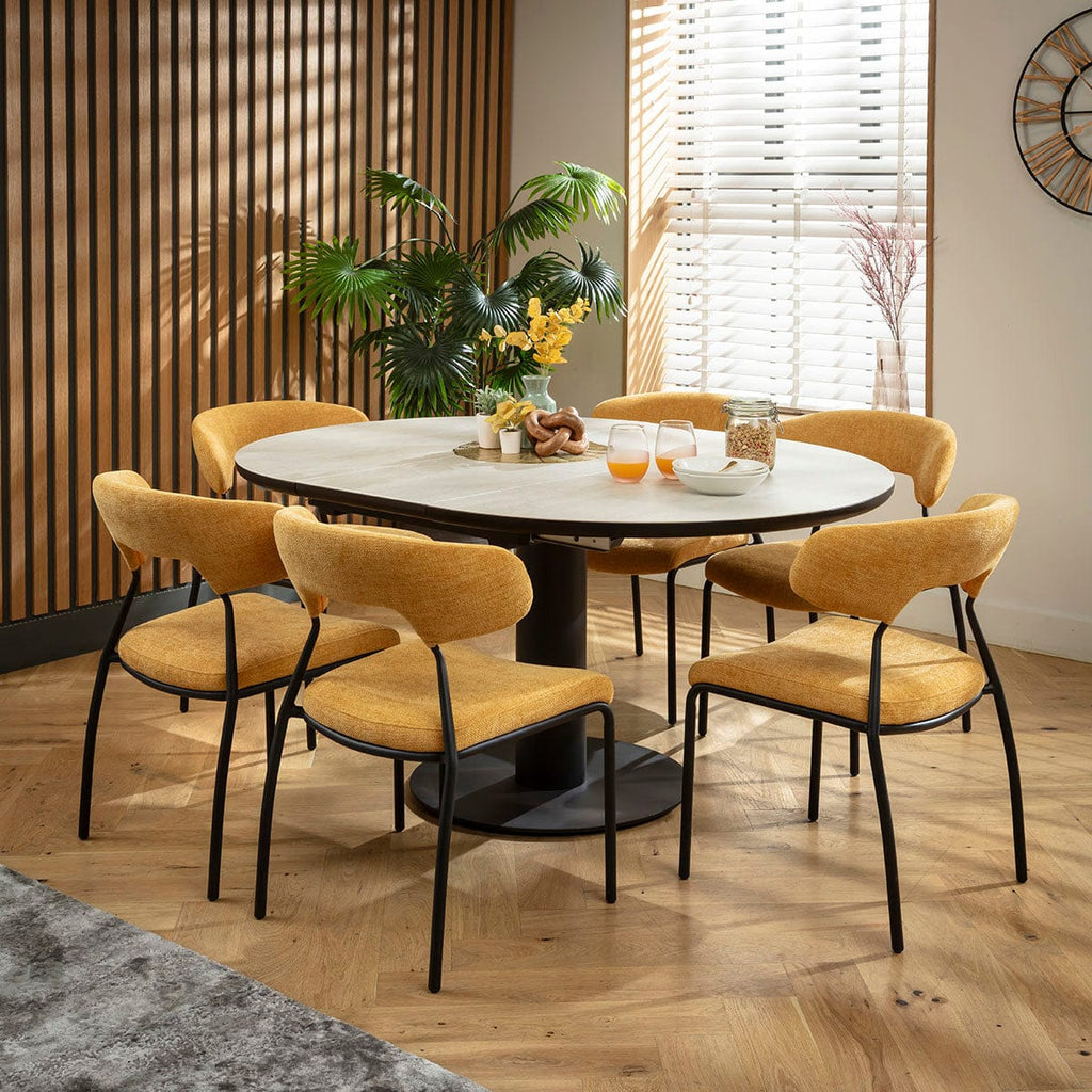 Ensemble de salle à manger rond extensible 6 places Oscar &amp; Venus en céramique jaune doré et gris clair