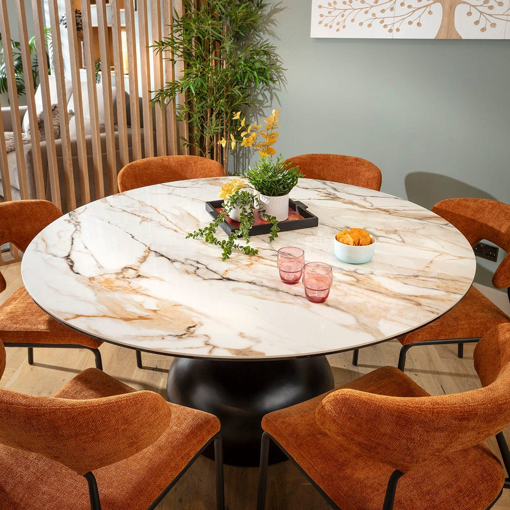 Ensemble de salle à manger rond moderne 6 places Oscar &amp; Venusia en céramique orange et blanche