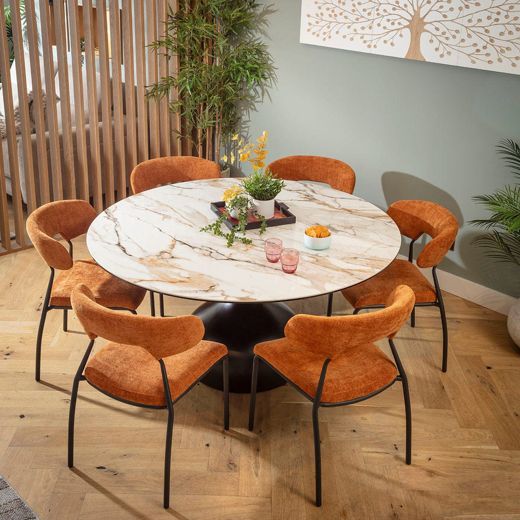 Ensemble de salle à manger rond moderne 6 places Oscar &amp; Venusia en céramique orange et blanche