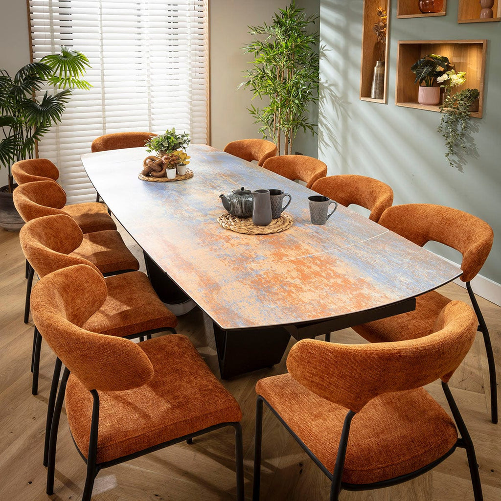 Ensemble de salle à manger extensible 10 places Oscar &amp; Zelda, céramique orange brûlé et bleu rustique