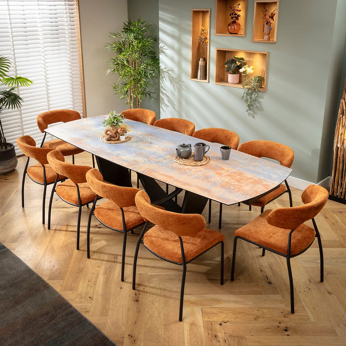 Ensemble de salle à manger extensible 10 places Oscar &amp; Zelda, céramique orange brûlé et bleu rustique