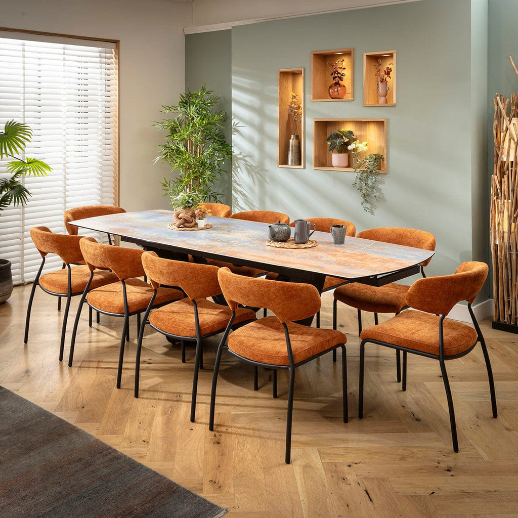 Ensemble de salle à manger extensible 10 places Oscar &amp; Zelda, céramique orange brûlé et bleu rustique