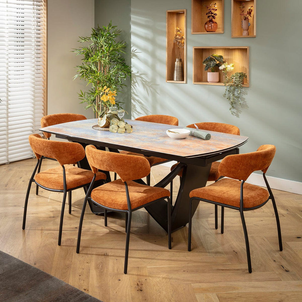 Ensemble de salle à manger extensible 6 places Oscar &amp; Zelda en céramique orange brûlé et bleu rustique