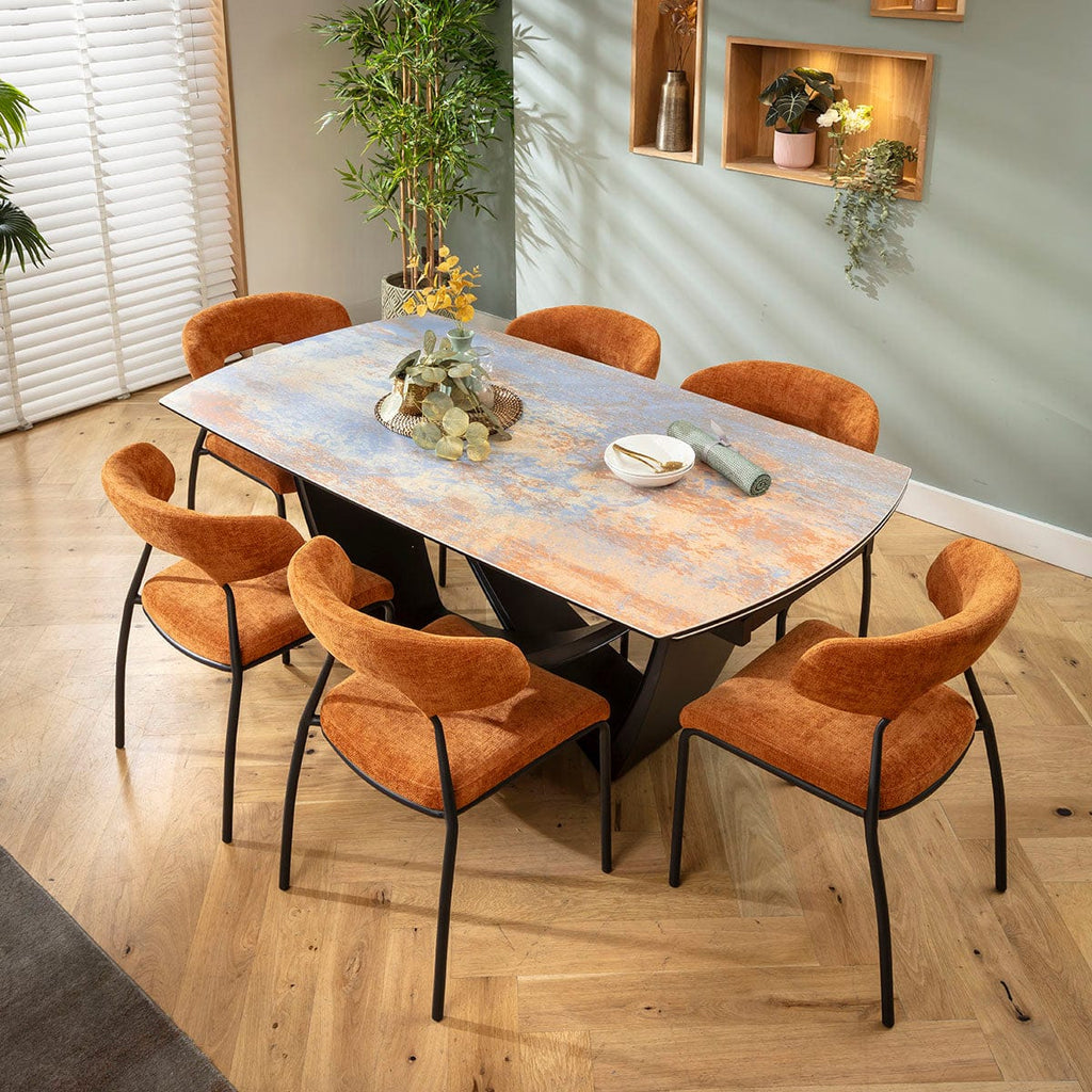 Ensemble de salle à manger extensible 6 places Oscar &amp; Zelda en céramique orange brûlé et bleu rustique