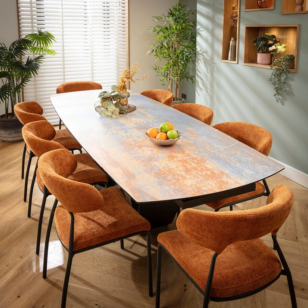 Ensemble de salle à manger extensible 8 places Oscar &amp; Zelda en céramique orange brûlé et bleu rustique