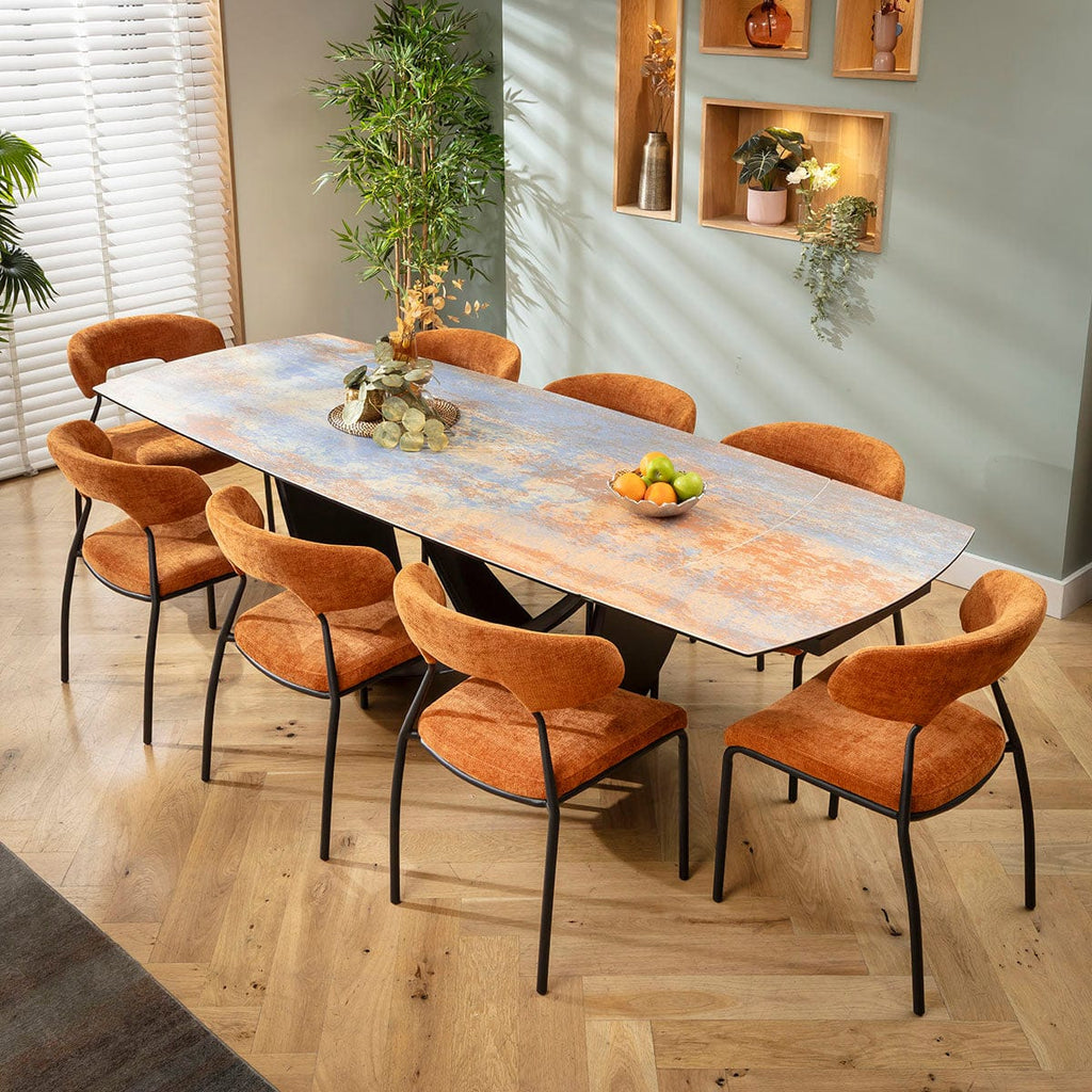 Ensemble de salle à manger extensible 8 places Oscar &amp; Zelda en céramique orange brûlé et bleu rustique