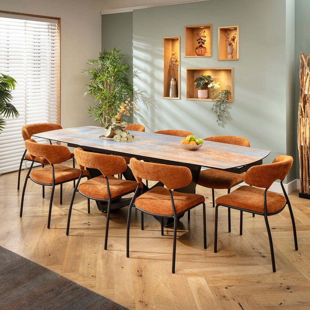 Ensemble de salle à manger extensible 8 places Oscar &amp; Zelda en céramique orange brûlé et bleu rustique