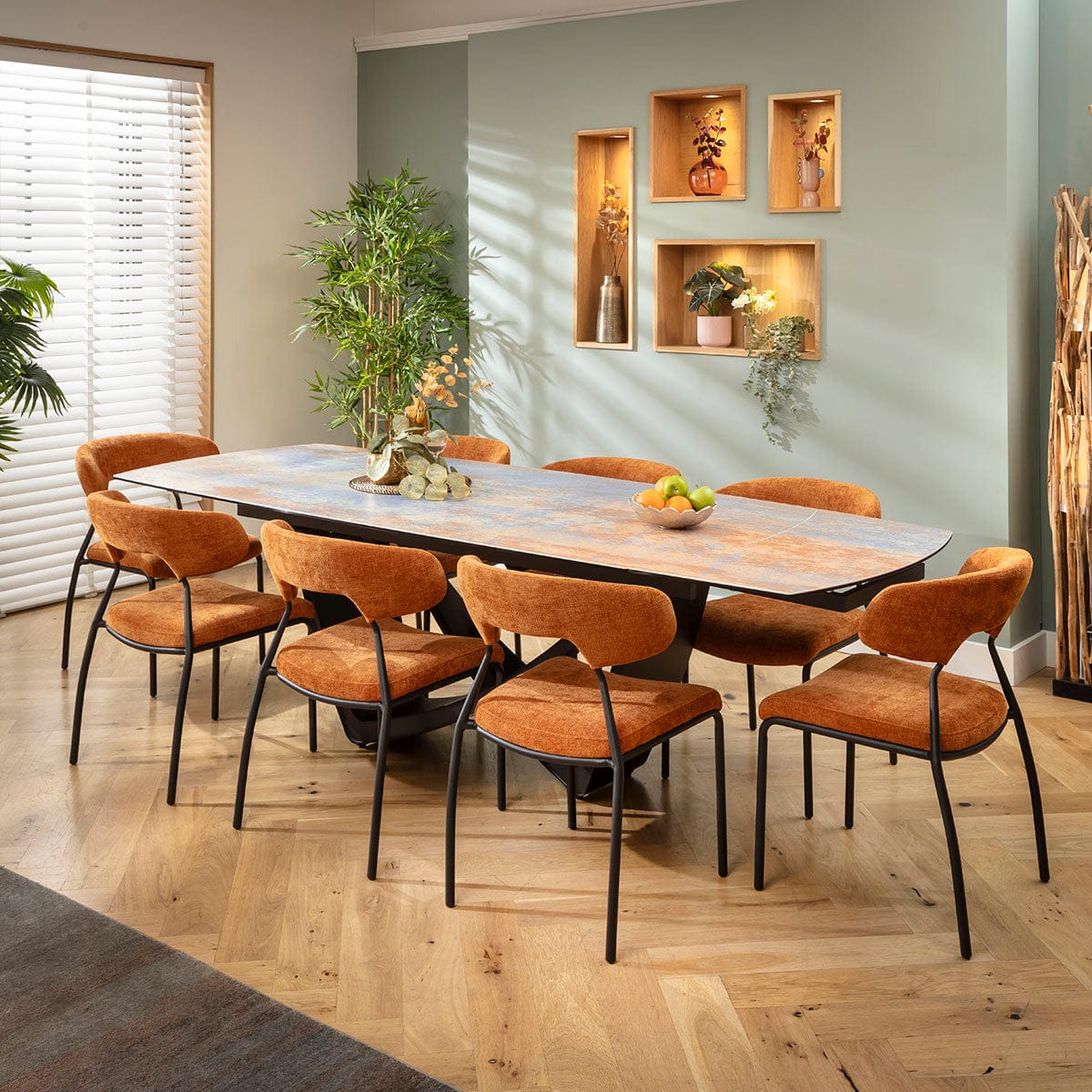 Ensemble de salle à manger extensible 8 places Oscar &amp; Zelda en céramique orange brûlé et bleu rustique