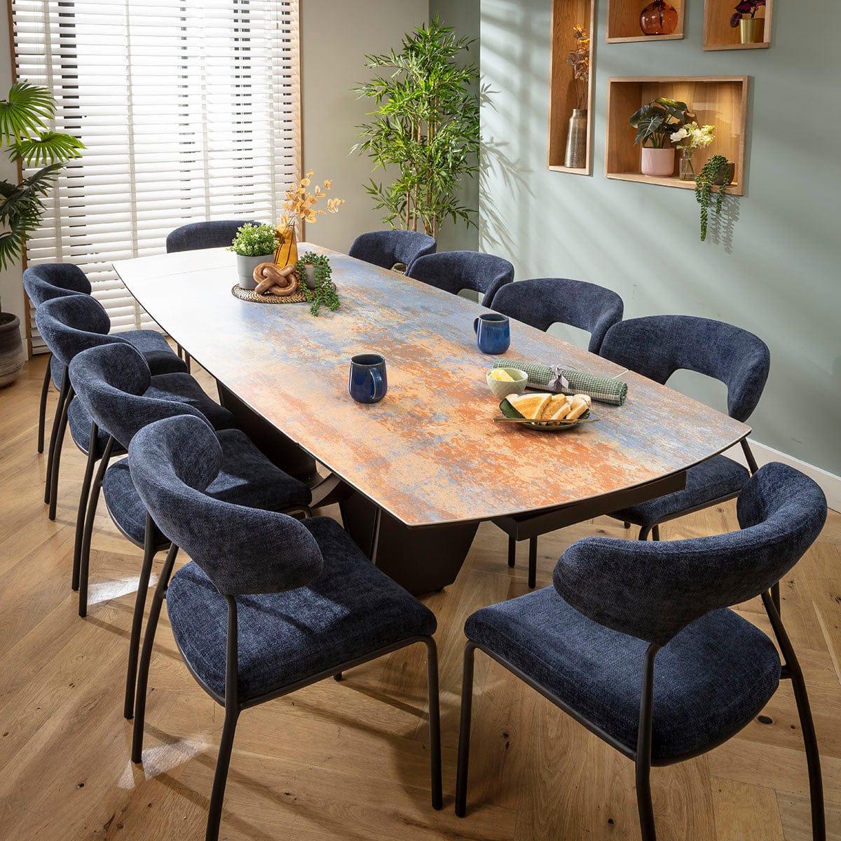Ensemble de salle à manger extensible Oscar &amp; Zelda 10 places, grand modèle, en céramique bleue rustique