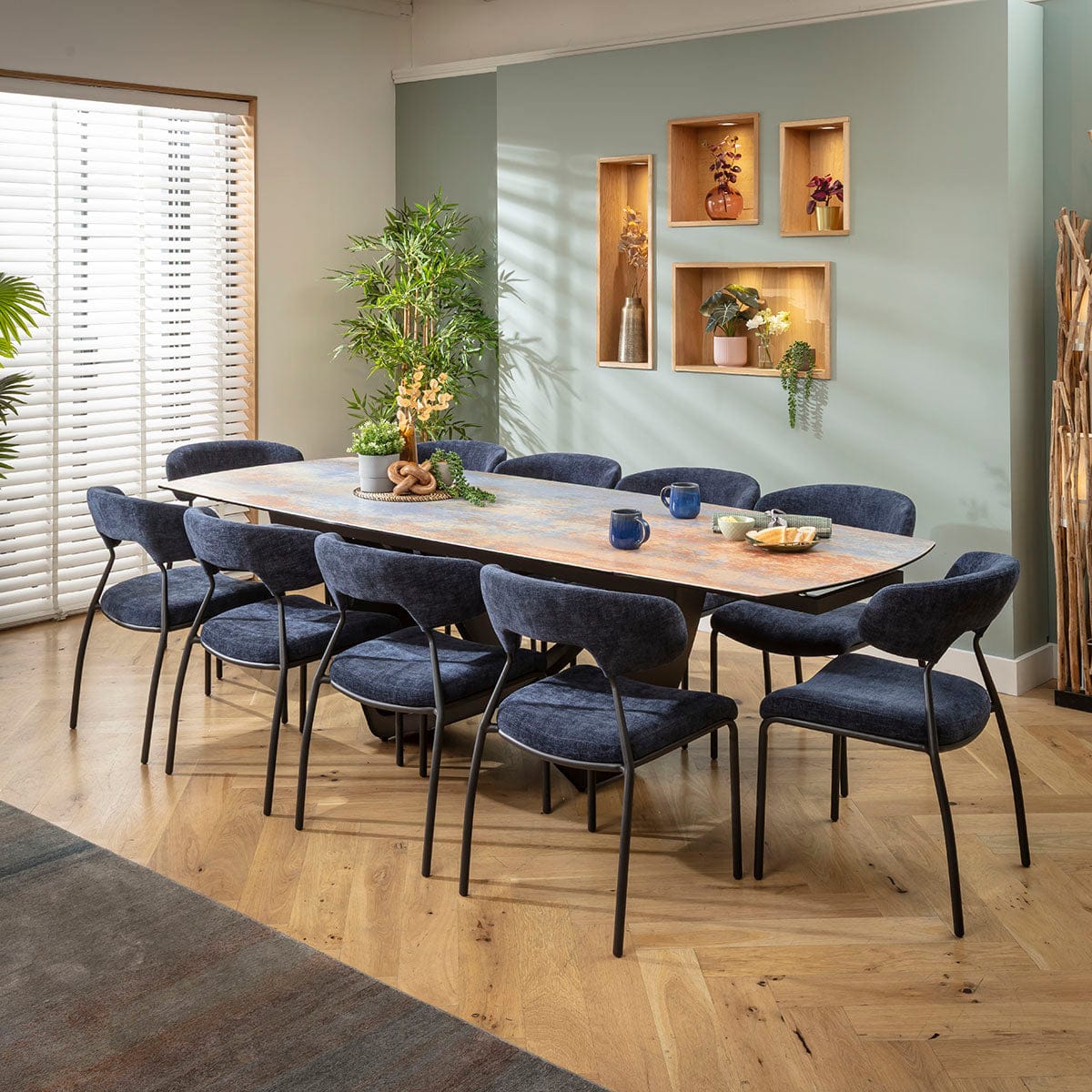 Ensemble de salle à manger extensible Oscar &amp; Zelda 10 places, grand modèle, en céramique bleue rustique