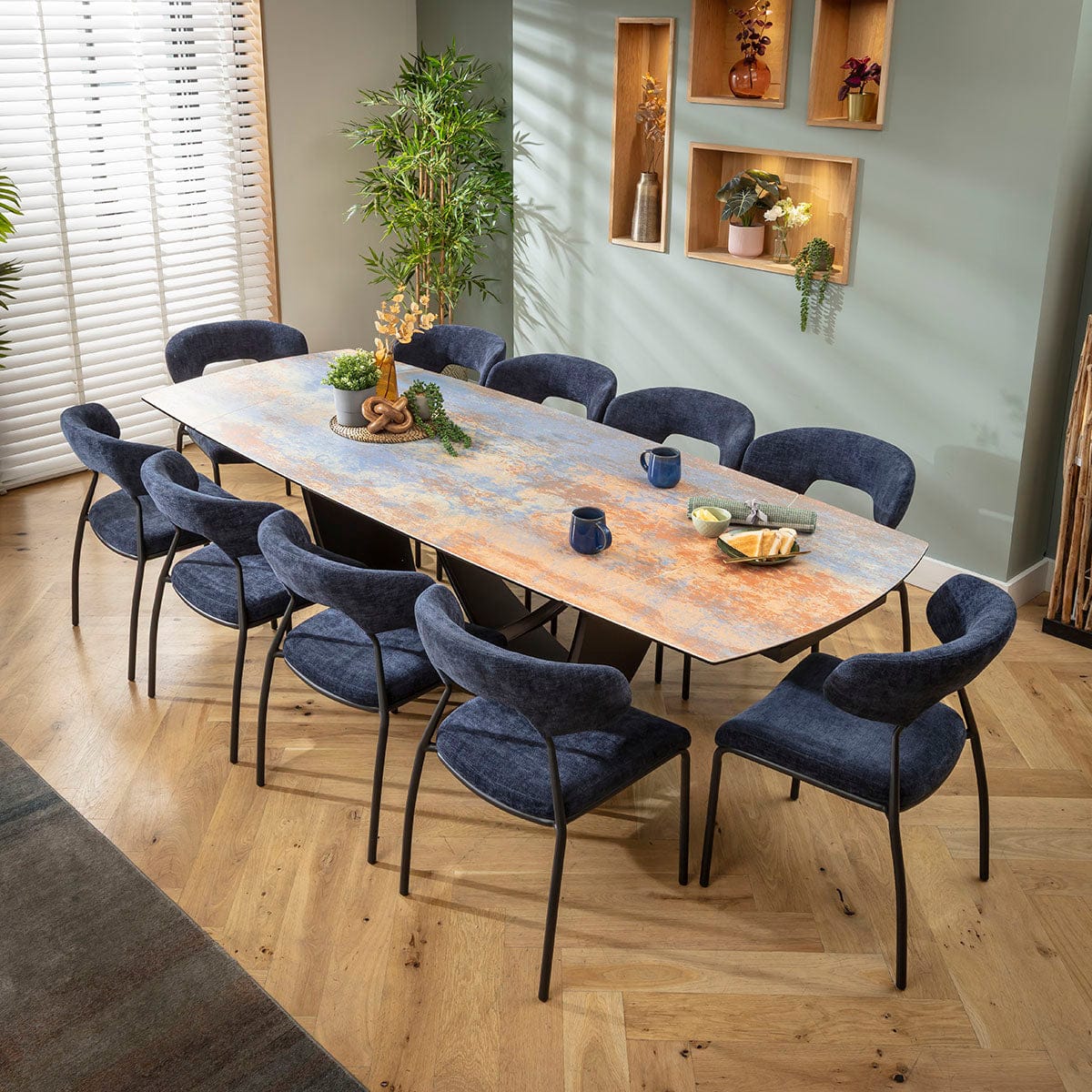 Ensemble de salle à manger extensible Oscar &amp; Zelda 10 places, grand modèle, en céramique bleue rustique