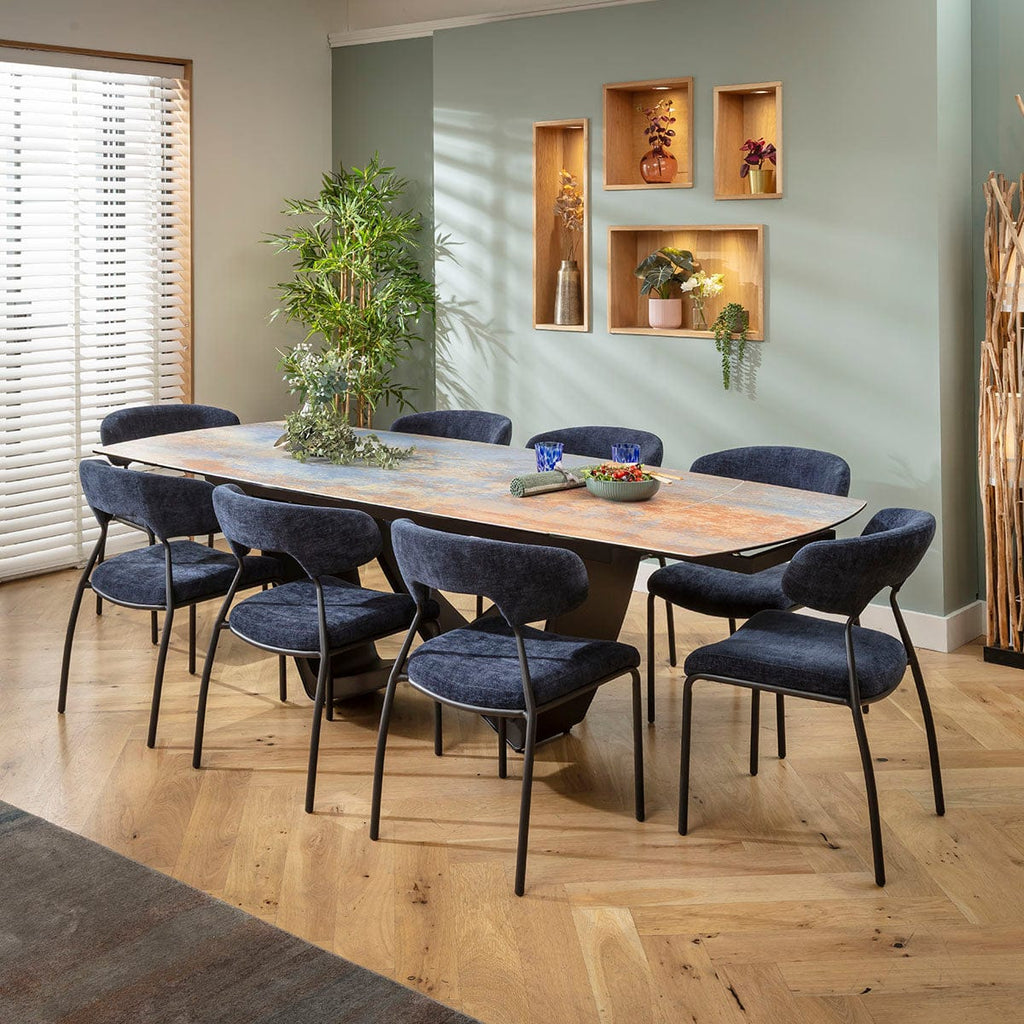 Ensemble de salle à manger extensible Oscar &amp; Zelda 8 places, grand modèle, en céramique bleue rustique