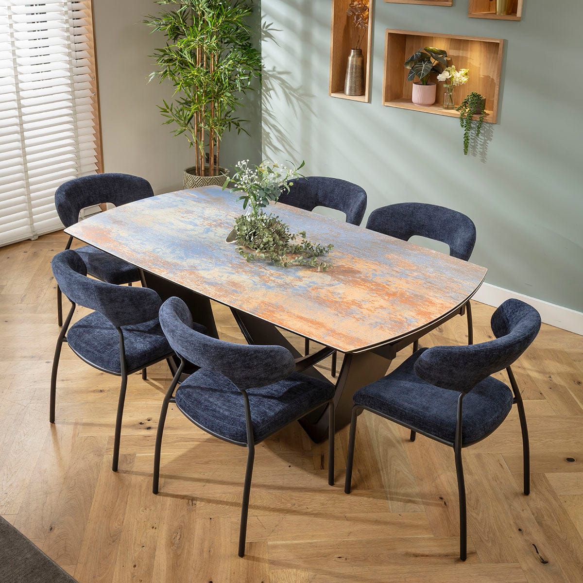 Ensemble de salle à manger extensible 6 places Oscar &amp; Zelda, style moderne, en céramique bleue rustique