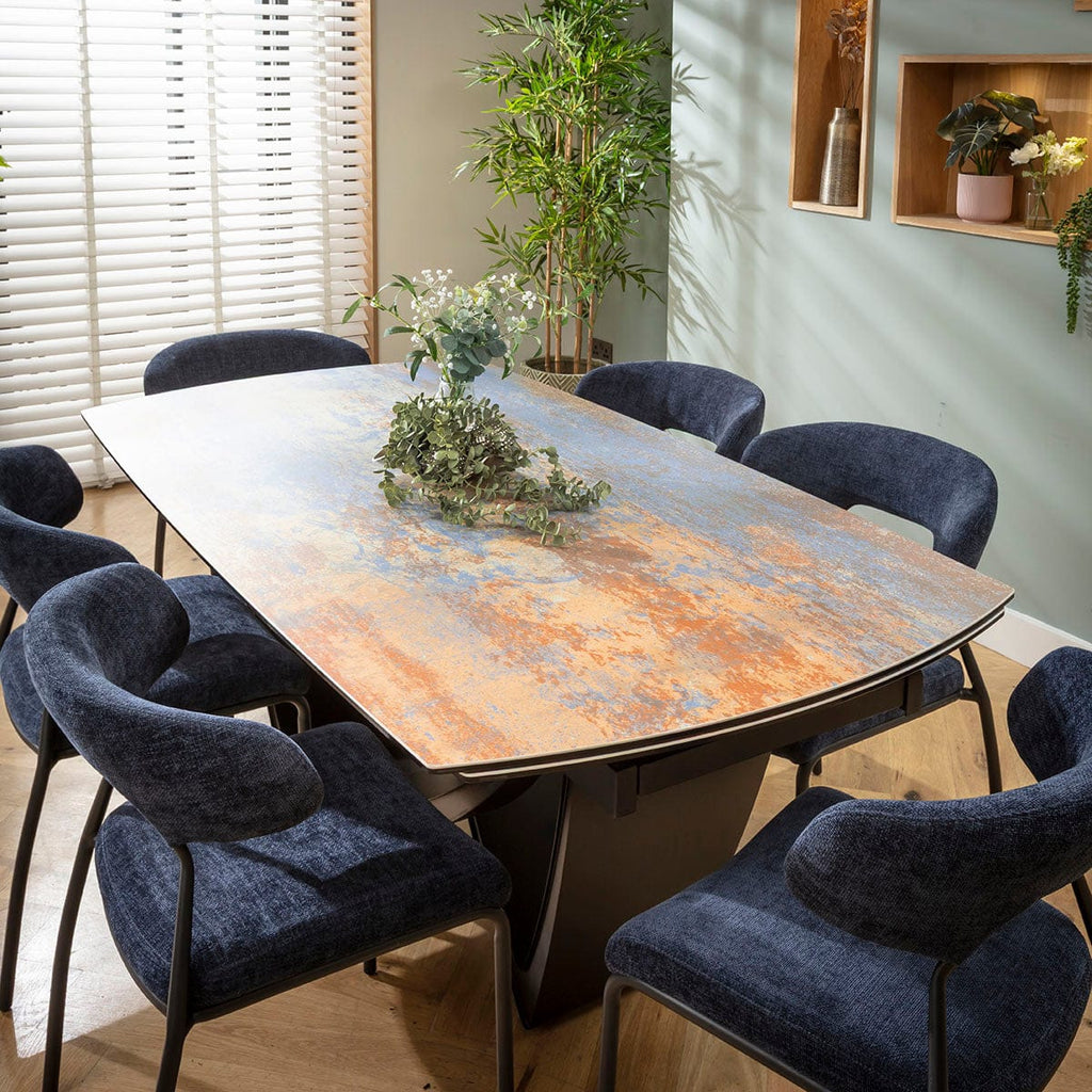 Ensemble de salle à manger extensible 6 places Oscar &amp; Zelda, style moderne, en céramique bleue rustique