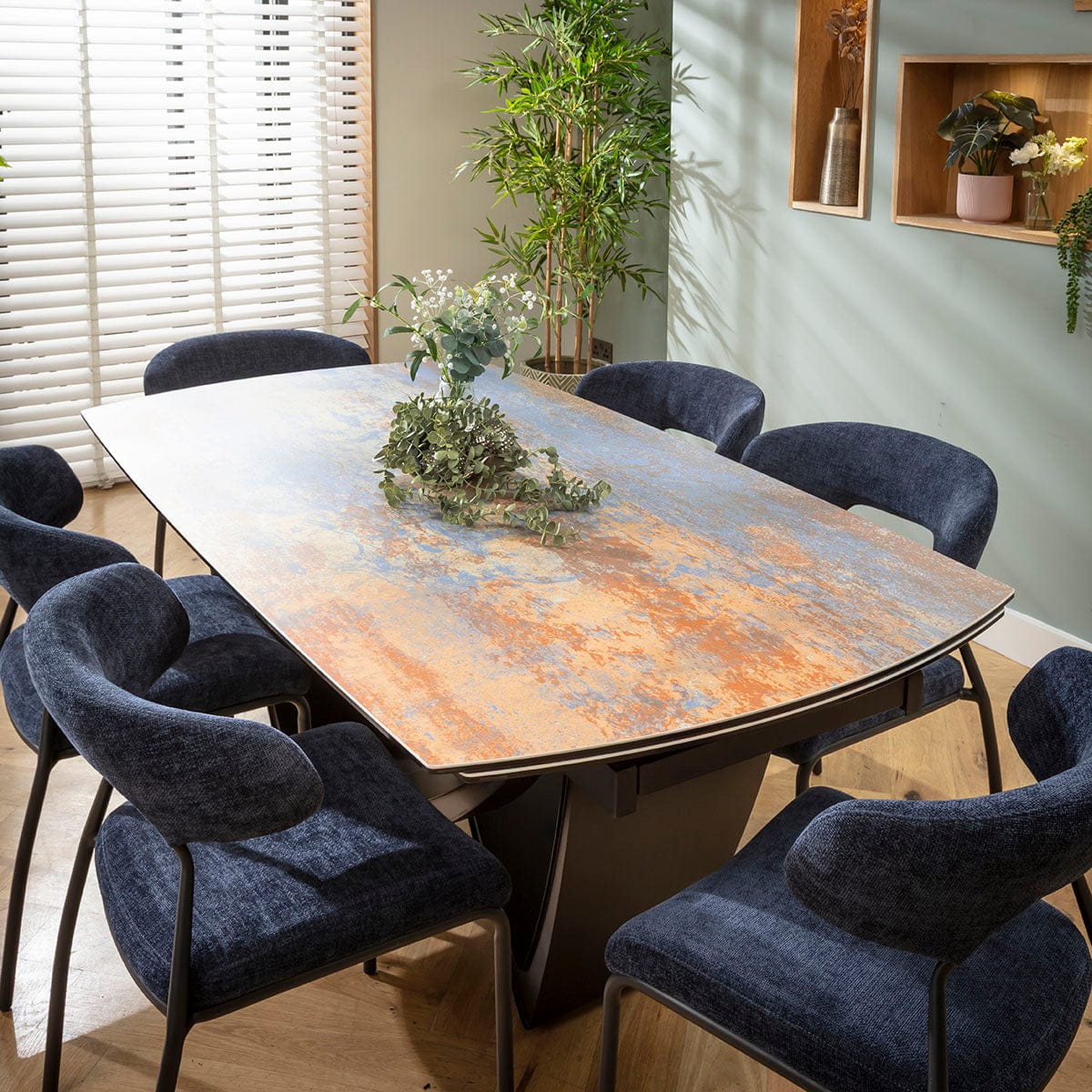 Ensemble de salle à manger extensible 6 places Oscar &amp; Zelda, style moderne, en céramique bleue rustique