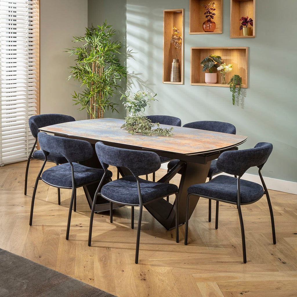 Ensemble de salle à manger extensible 6 places Oscar &amp; Zelda, style moderne, en céramique bleue rustique