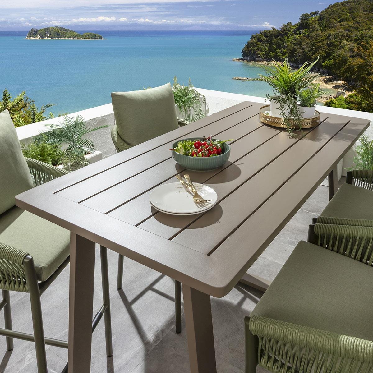 Ensemble bar de jardin extérieur Cole 4 places, aluminium vert et beige