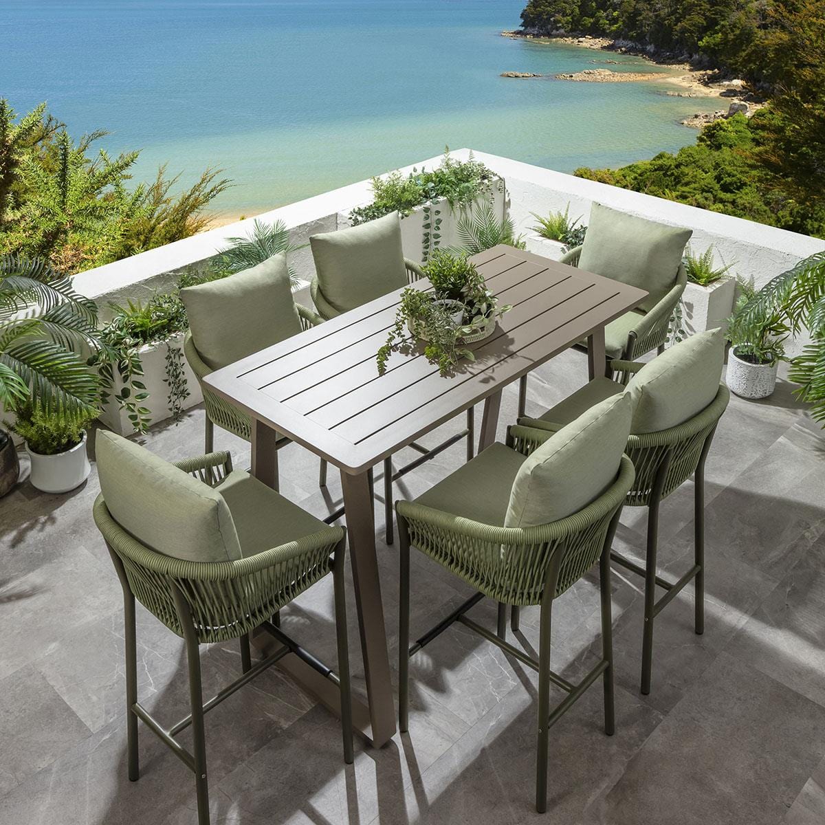 Ensemble bar de jardin extérieur Cole 6 places, aluminium vert et beige