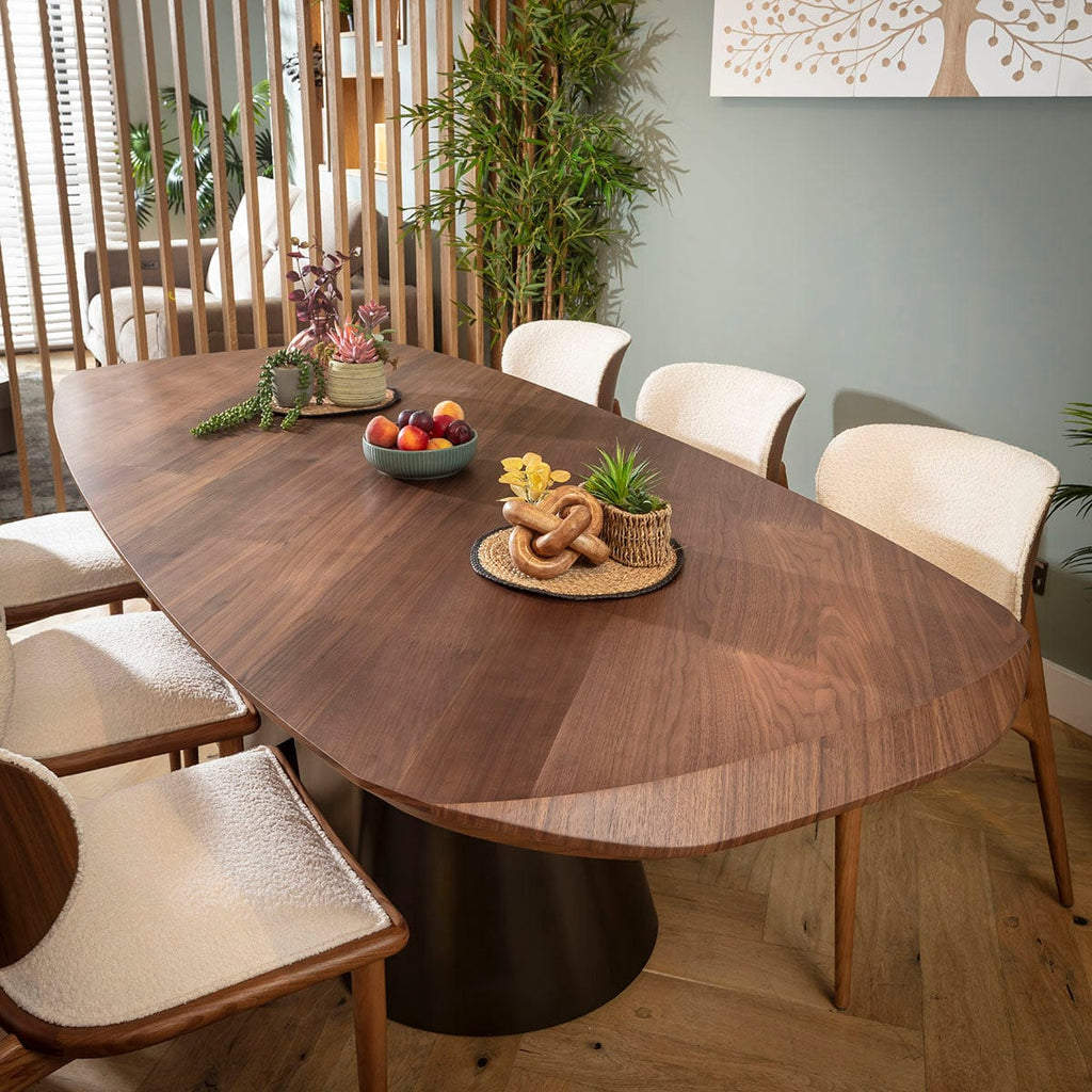 Ensemble de salle à manger 6 places Phoenix Designer, tissu bouclé blanc et bois de noyer