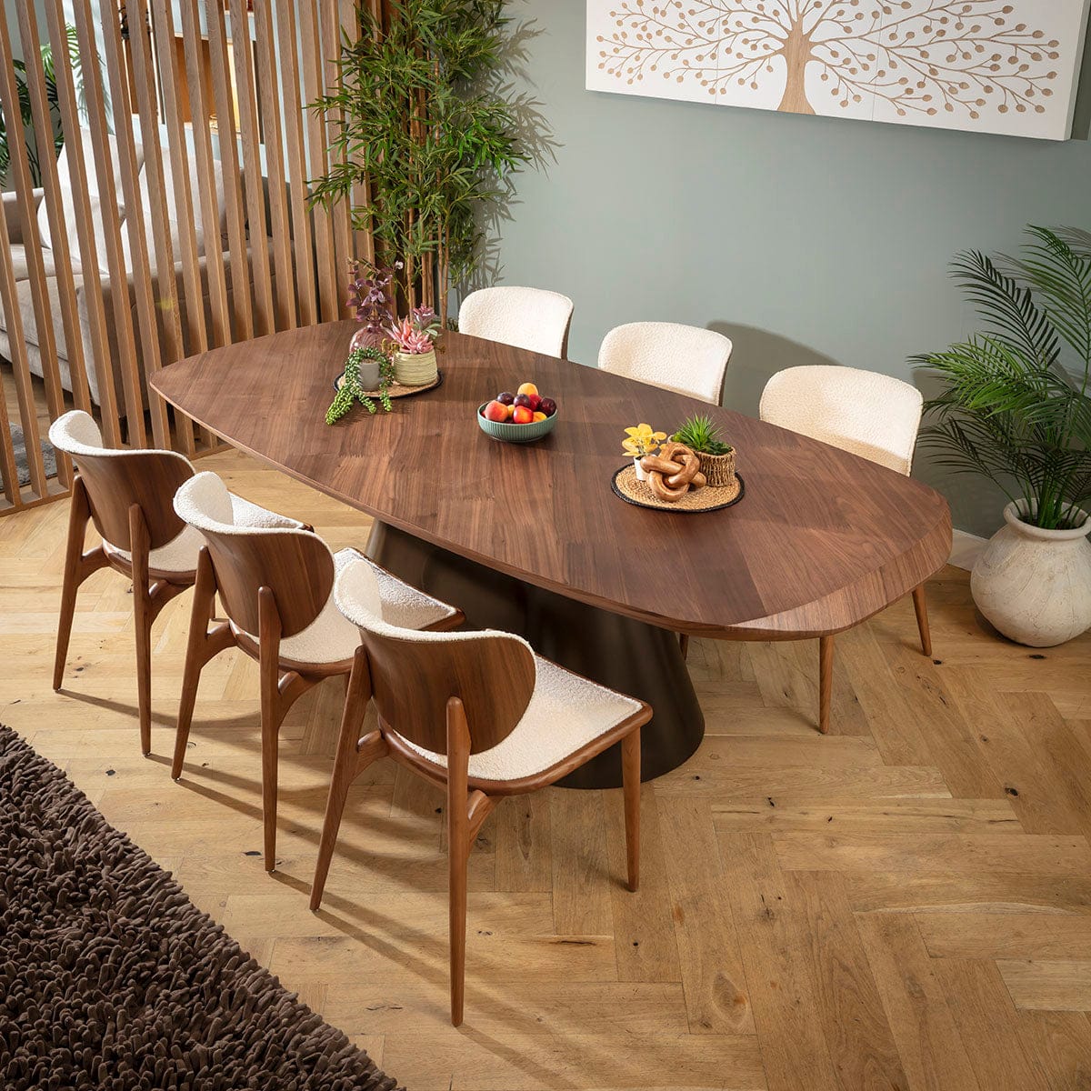 Ensemble de salle à manger 6 places Phoenix Designer, tissu bouclé blanc et bois de noyer