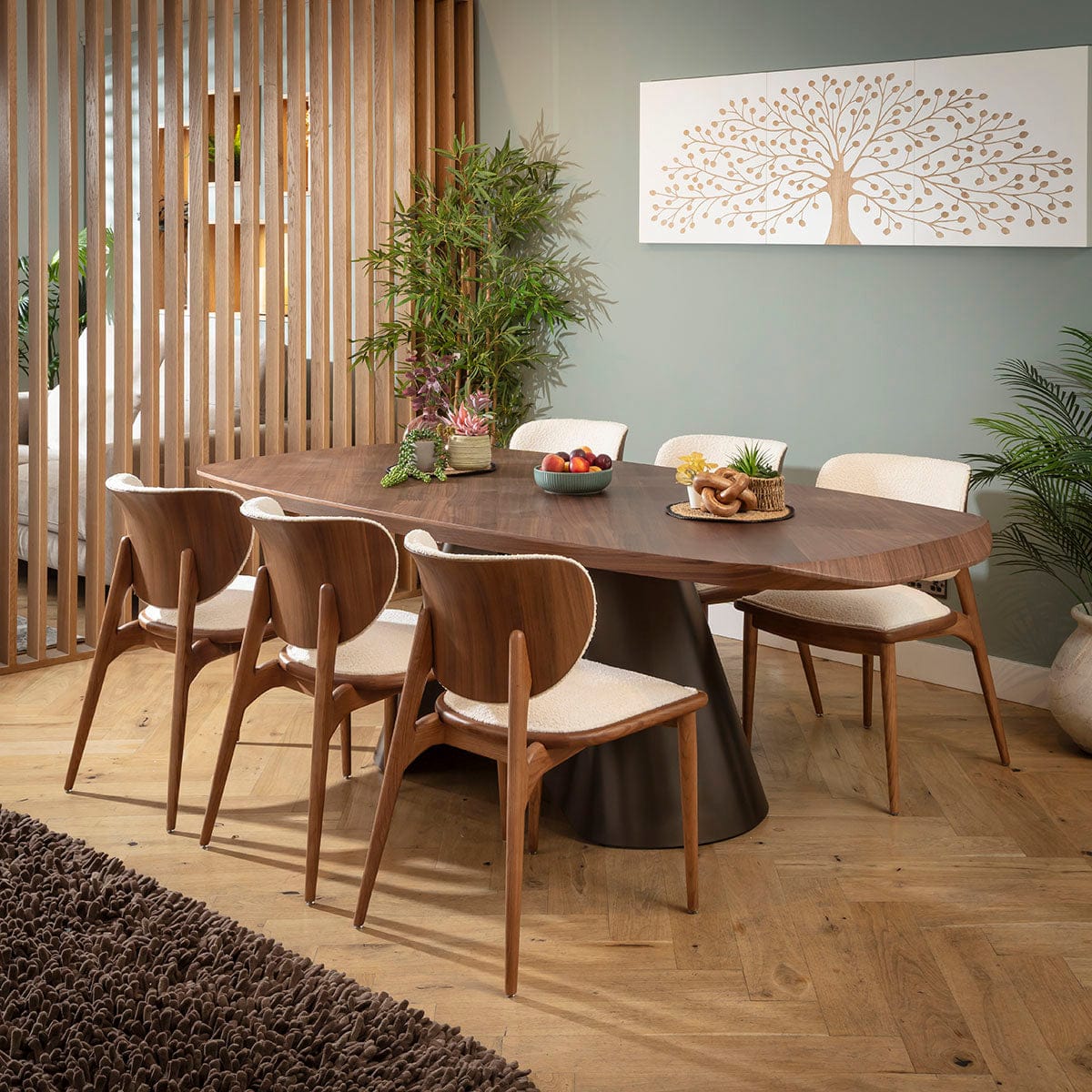 Ensemble de salle à manger 6 places Phoenix Designer, tissu bouclé blanc et bois de noyer