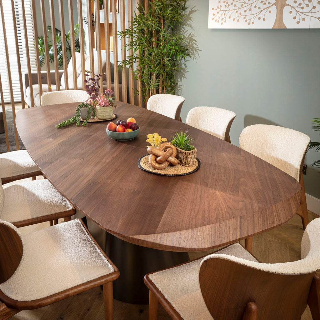 Ensemble de salle à manger Phoenix Designer 8 places, tissu bouclé blanc et bois de noyer