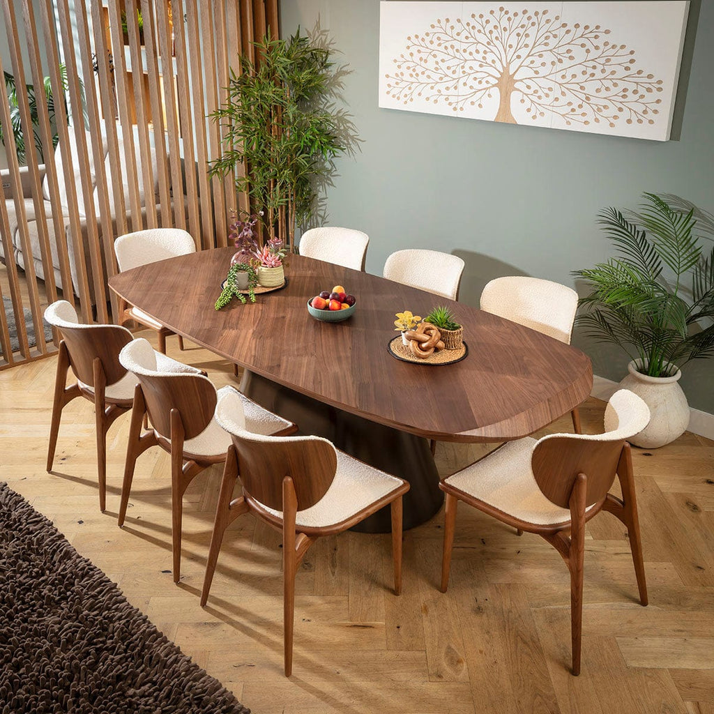 Ensemble de salle à manger Phoenix Designer 8 places, tissu bouclé blanc et bois de noyer