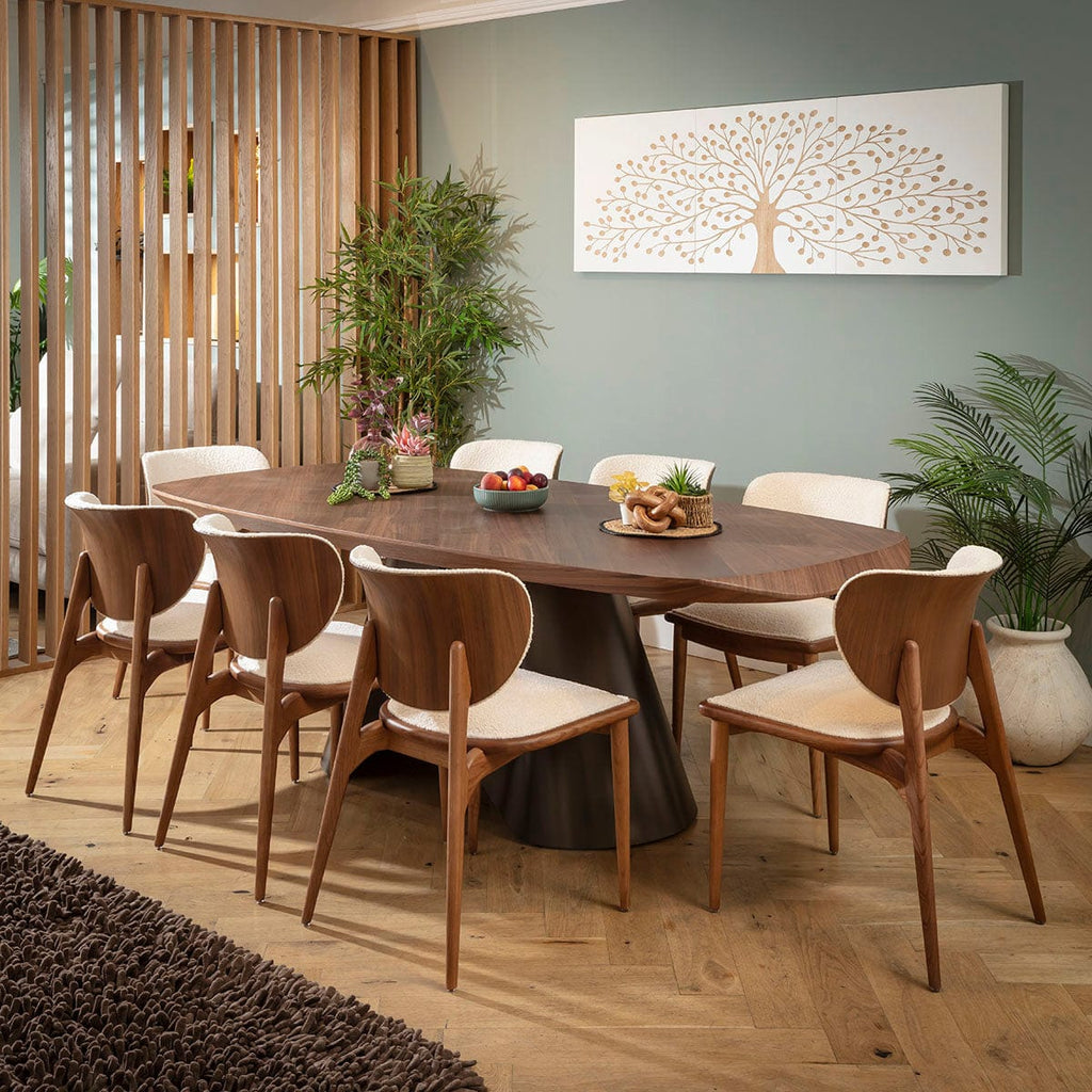 Ensemble de salle à manger Phoenix Designer 8 places, tissu bouclé blanc et bois de noyer