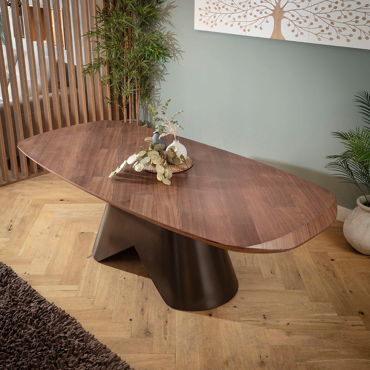 Table de salle à manger Phoenix 8 places en bois, noyer et cuivre, 240 x 110 cm