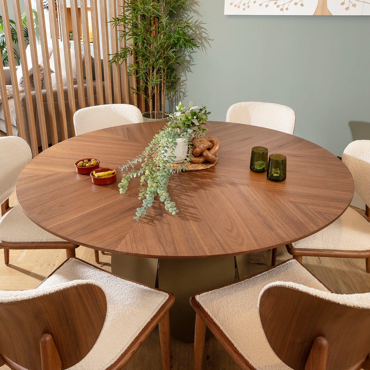 Table de salle à manger ronde Phoenix 6 places en bois, noyer et or, 150 cm