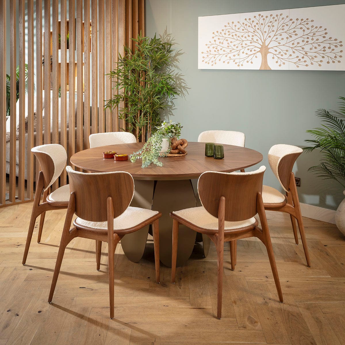 Ensemble de salle à manger rond moderne Phoenix 6 places, marron et noyer