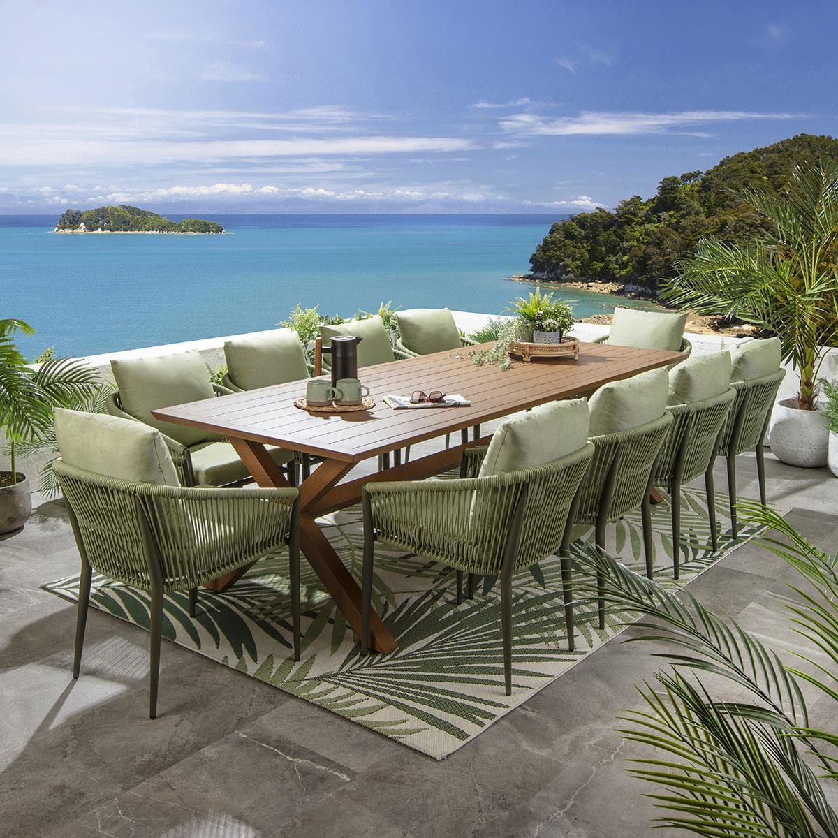 Ensemble de salle à manger de jardin Cole 10 places, aluminium effet bois vert et chêne