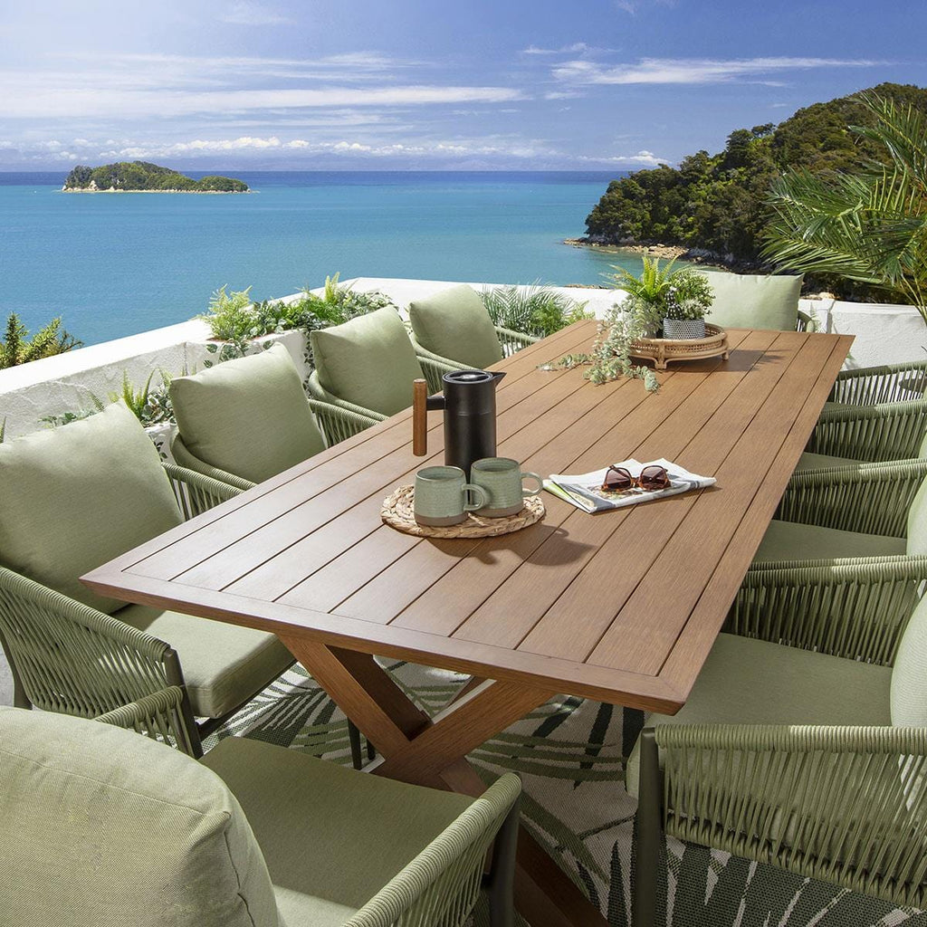 Ensemble de salle à manger de jardin Cole 10 places, aluminium effet bois vert et chêne