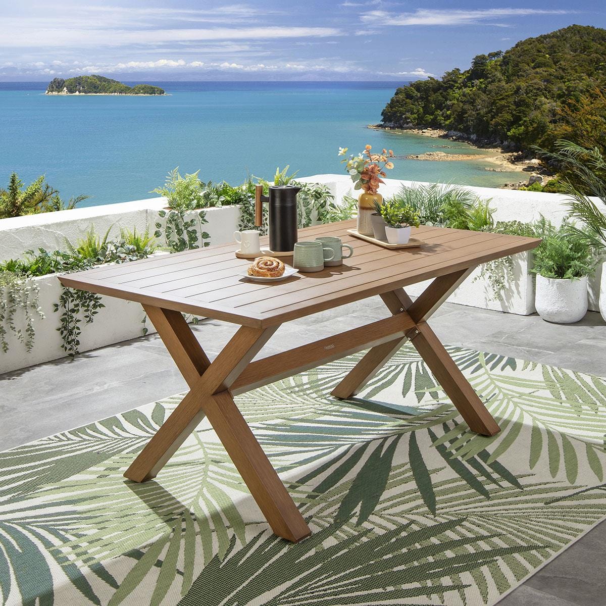 Ensemble de salle à manger de jardin Cole 6 places, aluminium effet bois vert et chêne